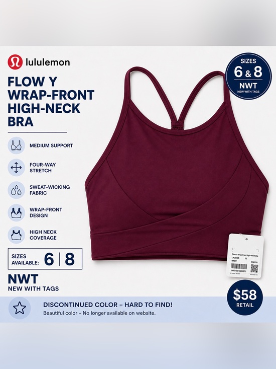 lululemon athletica Other - Lululemon Flow Y Wrap-Front High-Neck Bra NWT Wine Berry Sizes 6 & 8 Rare